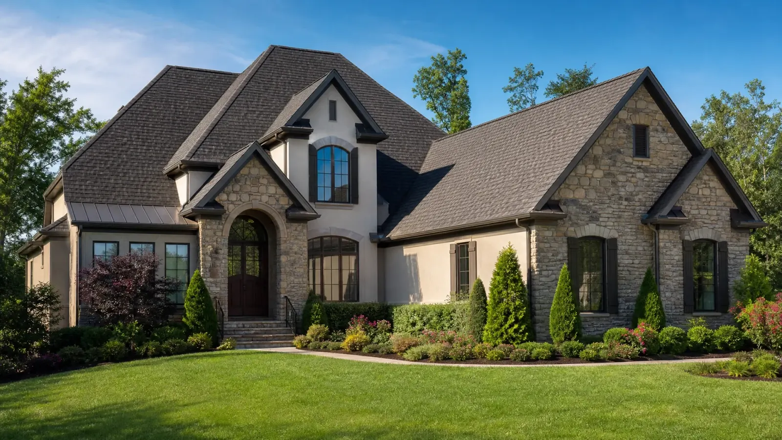 Architectural shingle roof on a stone-and-stucco home — Kaliber Roofing, roofing contractor in Indian Trail NC